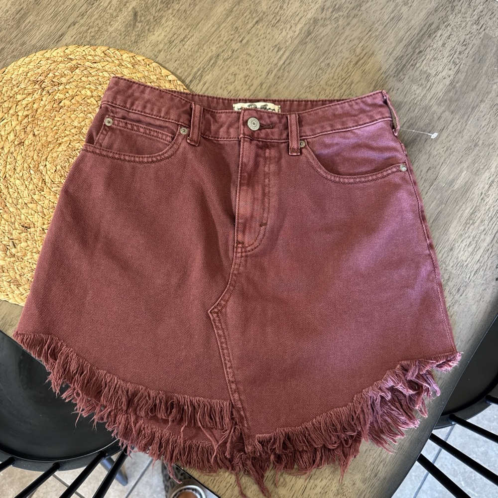 Free People Burgundy Frayed Hem Mini Skirt